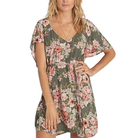 Billabong Sage Green Floral Fine Flutter Mini Dress Size Large - Picture 5 of 14